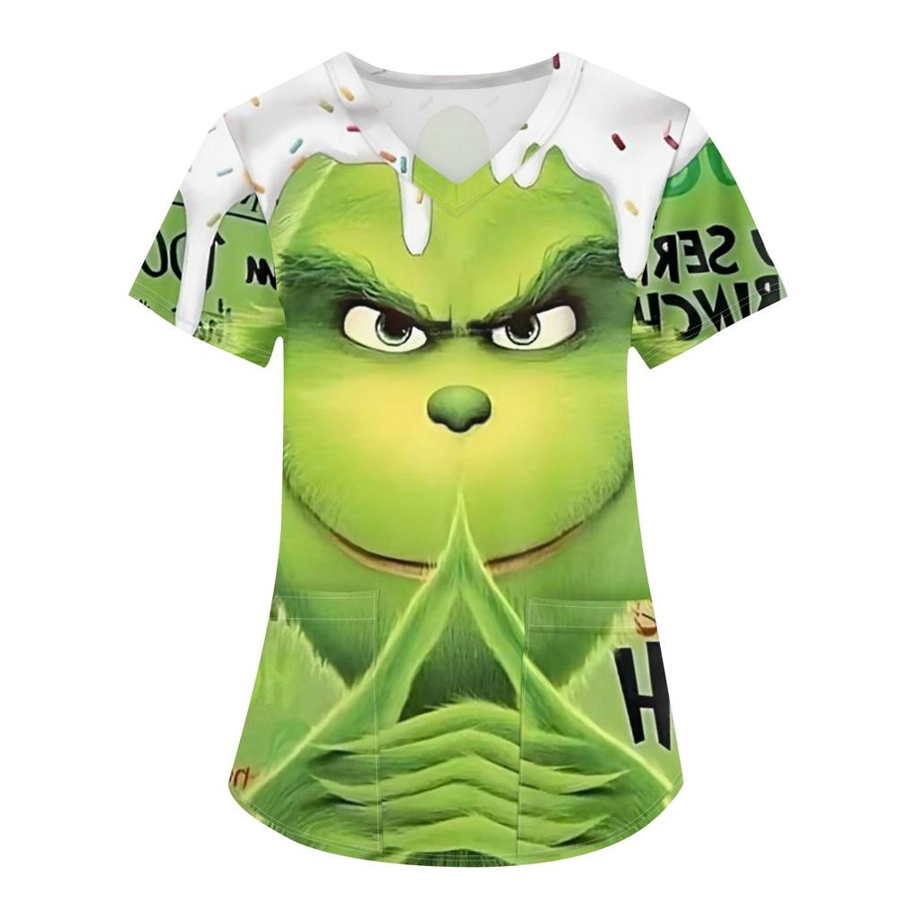 Женская рождественская печатная рабочая форма с V-образным вырезом и карманом, защитная рабочая форма