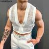 Men Sleeveless Deep V-Neck Lace Crochet Crop Tank Tops Party Club Vest