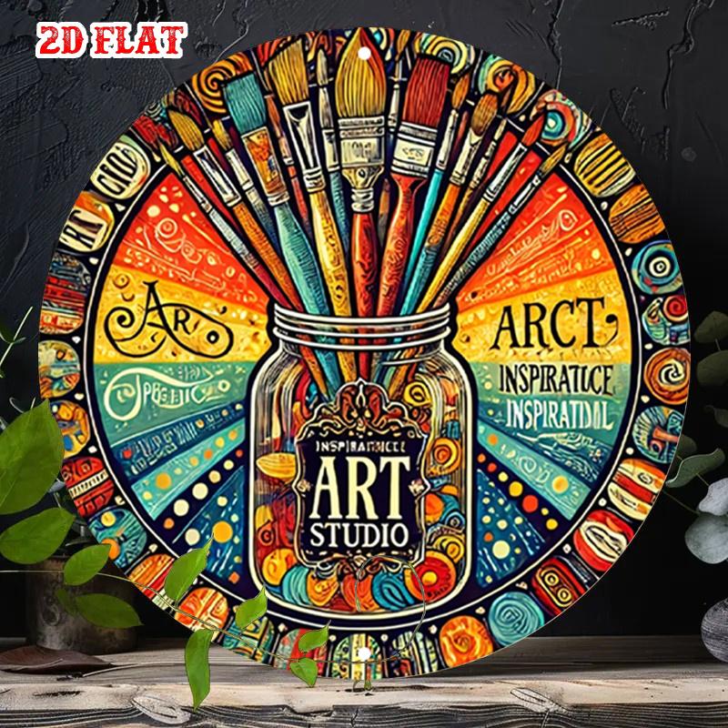Colorful Paintbrushes in Jar HD Metal Wall Art Art Studio Inspirational Round Tin Sign for Creative Workshop Decor
