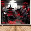 Japanese Anime Samurai  Dragon Tapestry Red  Black Medieval Fantasy Wall Hanging Sunset Mountain Landscape Tapestry