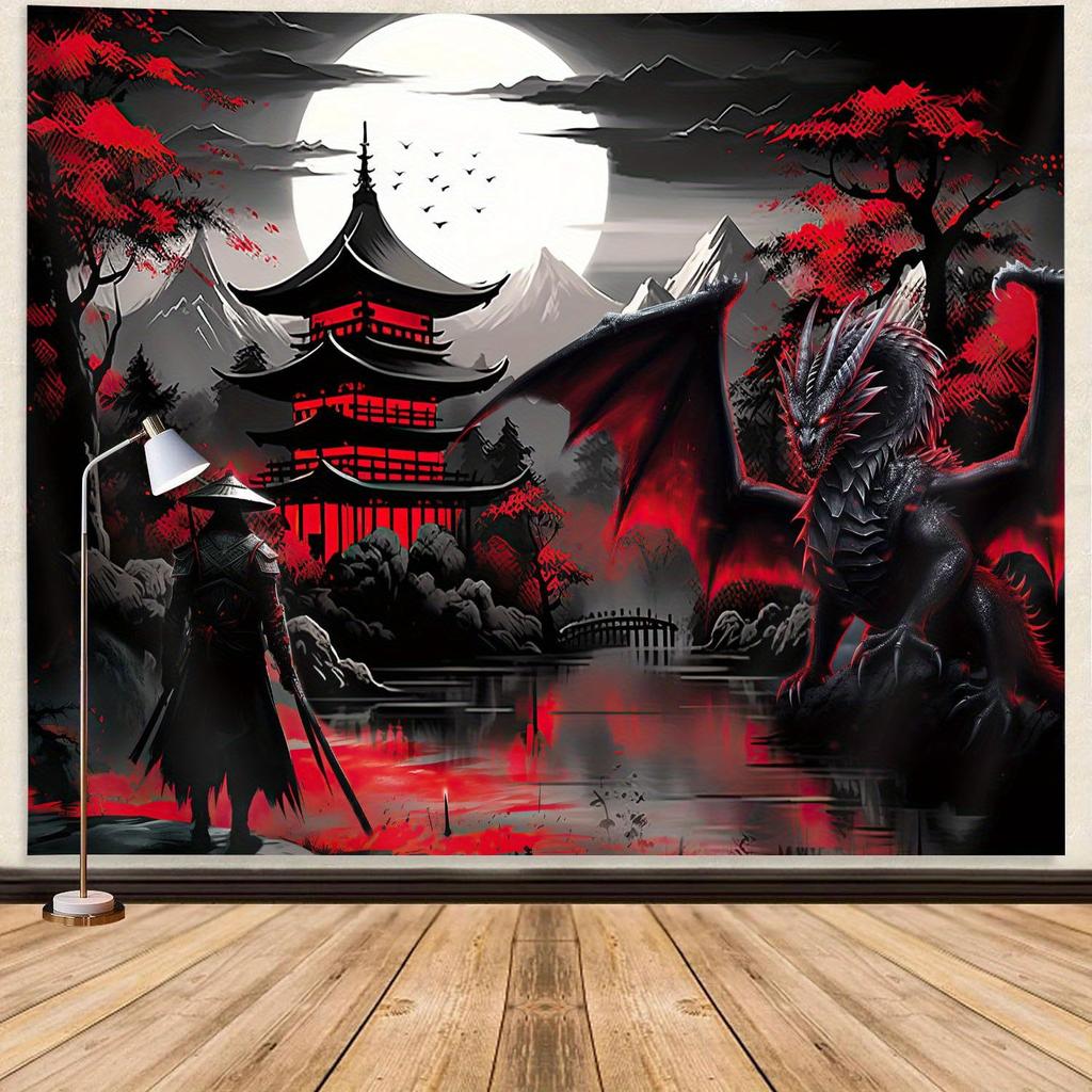 Japanese Anime Samurai Dragon Tapestry Red Black Medieval Fantasy Wall Hanging Sunset Mountain Landscape Tapestry