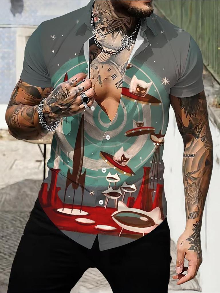 Men's Casual Short - Sleeve Shirt, Cartoon UFO Pattern Printed, Polyester Material, Mixed Color, Multiple Specifications Available, Stylish for Daily