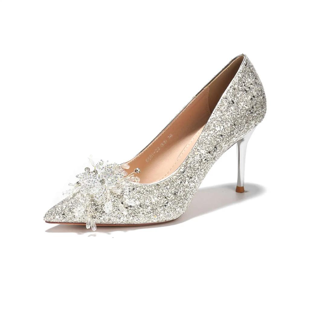 Spring Ladies Pumps Luxury Sequins Crystal Butterfly High Heel Single Shoes Women Dress Banquet Wedding Shoes
