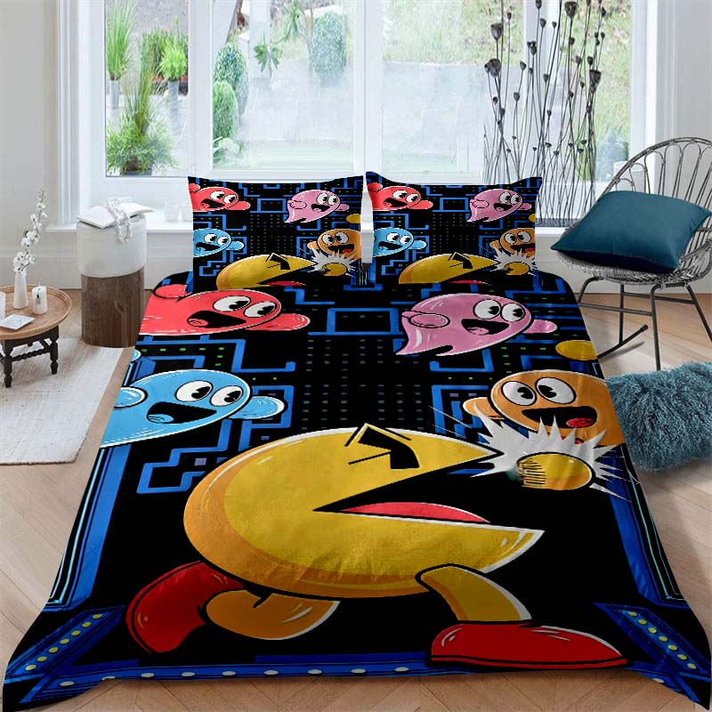 Детский развивающий постельный комплект с принтом Pac-Man, включающий пододеяльник и две наволочки, — идеальный праздни