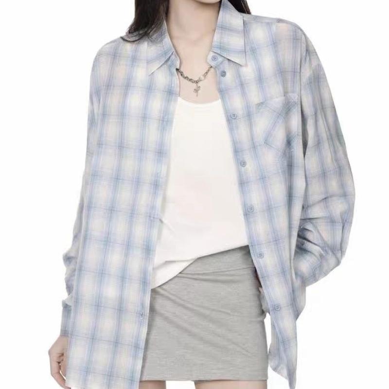 Blue Plaid Sunscreen Shirt Lazy Casual Loose Long-sleeved Shirt Korean Jacket Top Oversized Blouse Versatile Match Camisole