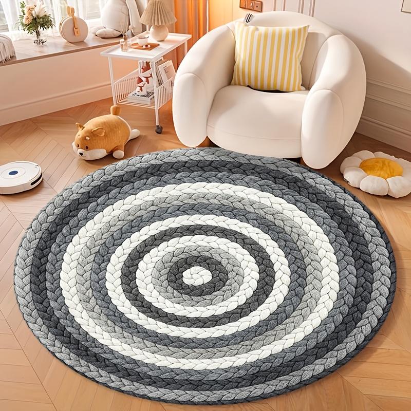 Living Room Round Rug Grey White Cable Knit Print Circular Area Carpet Bedroom Bedside Aesthetic Textured Home Floor Mat