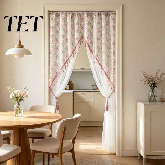 French Style Lace Door Drapes Sheer Floral Curtain with Beads, Embroidered Gauze Room Bedroom Partition Curtains Divider, Rod Pocket Doorway
