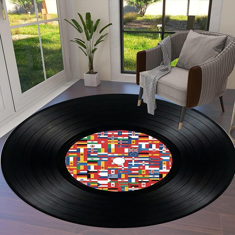 Record Texture Flag Magic Round Area Rug,Carpet Rug for Living Room Bedroom Sofa Playroom Decor,Non-slip Floor Mat