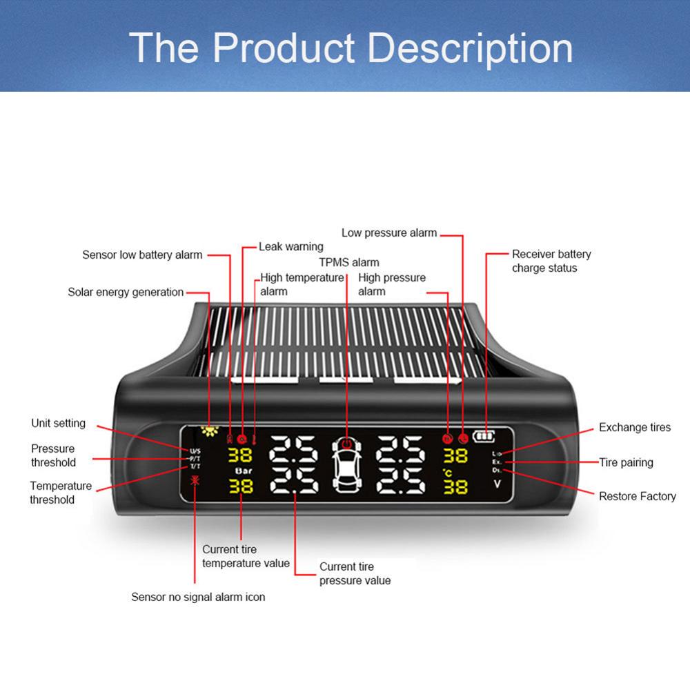 Автомобильная система контроля давления в шинах TPMS, система мониторинга внешнего манометра, сигнализация с 4 датчиками, работающая на солнечной энергии, цифровой ЖК-дисплей, охранные системы сигнализации