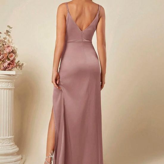 Women's Spaghetti Strap Satin Slit Dress Ruched V Neck Sleeveless