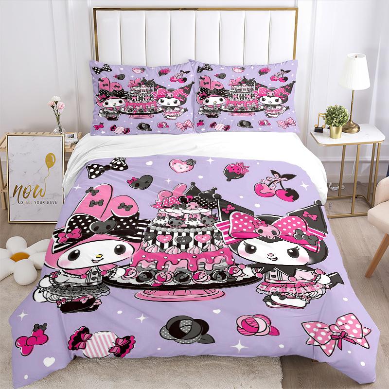 3pcs My Melody and Kuromi Celebrate Printed Quilt Set - Includes 1 Quilt Cover and 2 Pillowcases, Machine Washable - Suitable for All Seasons.H07