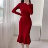 Women Knitting Mermaid Dress Autumn Winter Long Sleeve Half High Collar Solid Elegant Slim Vintage Pullover Sweater Dress
