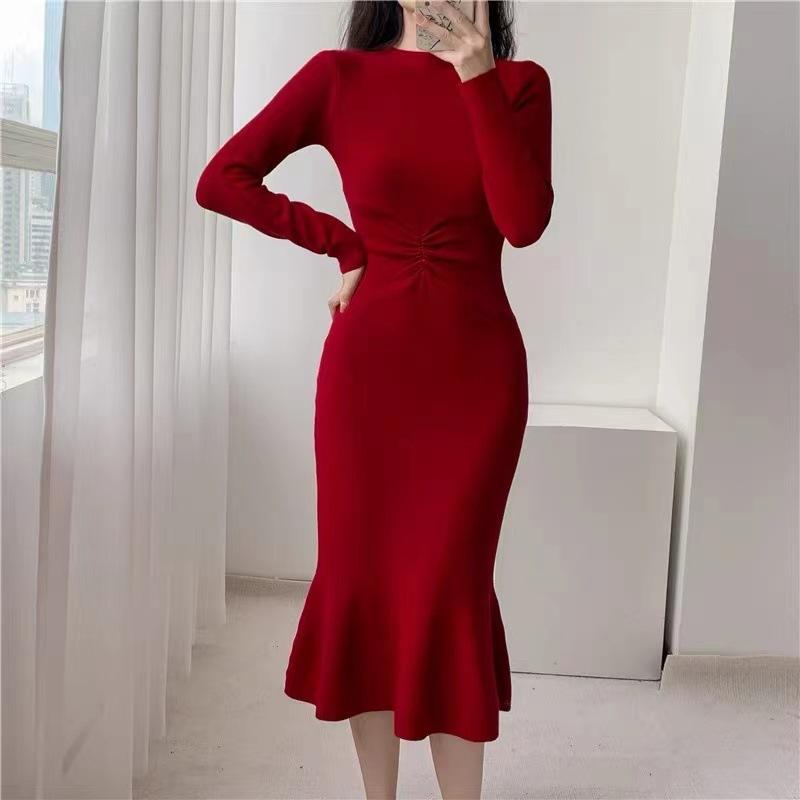 Women Knitting Mermaid Dress Autumn Winter Long Sleeve Half High Collar Solid Elegant Slim Vintage Pullover Sweater Dress