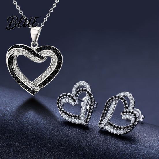 Rhinestone Heart Jewelry Overlapping Hearts Set Black White Necklace