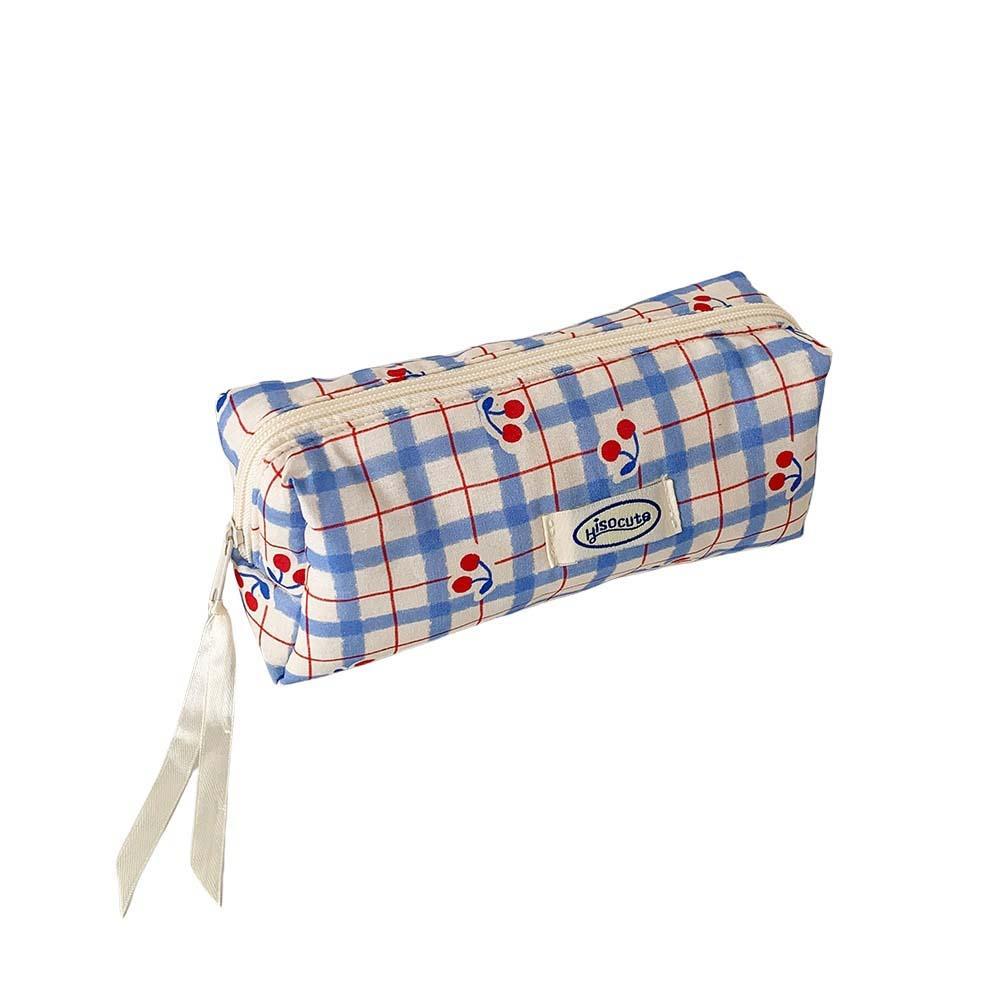 Large Capacity Y2K Cherry Pencil Case Checkered Cartoon Cherry Makeup Bag Korean Pencil Bag Gifts
