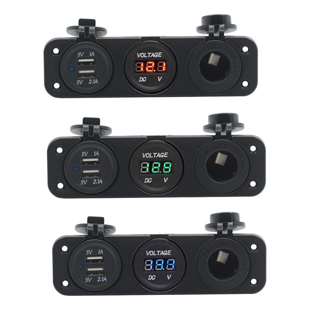 Car Boat Dual USB Charger + LED Voltmeter + Power Outlet Socket 3 Holes Panel