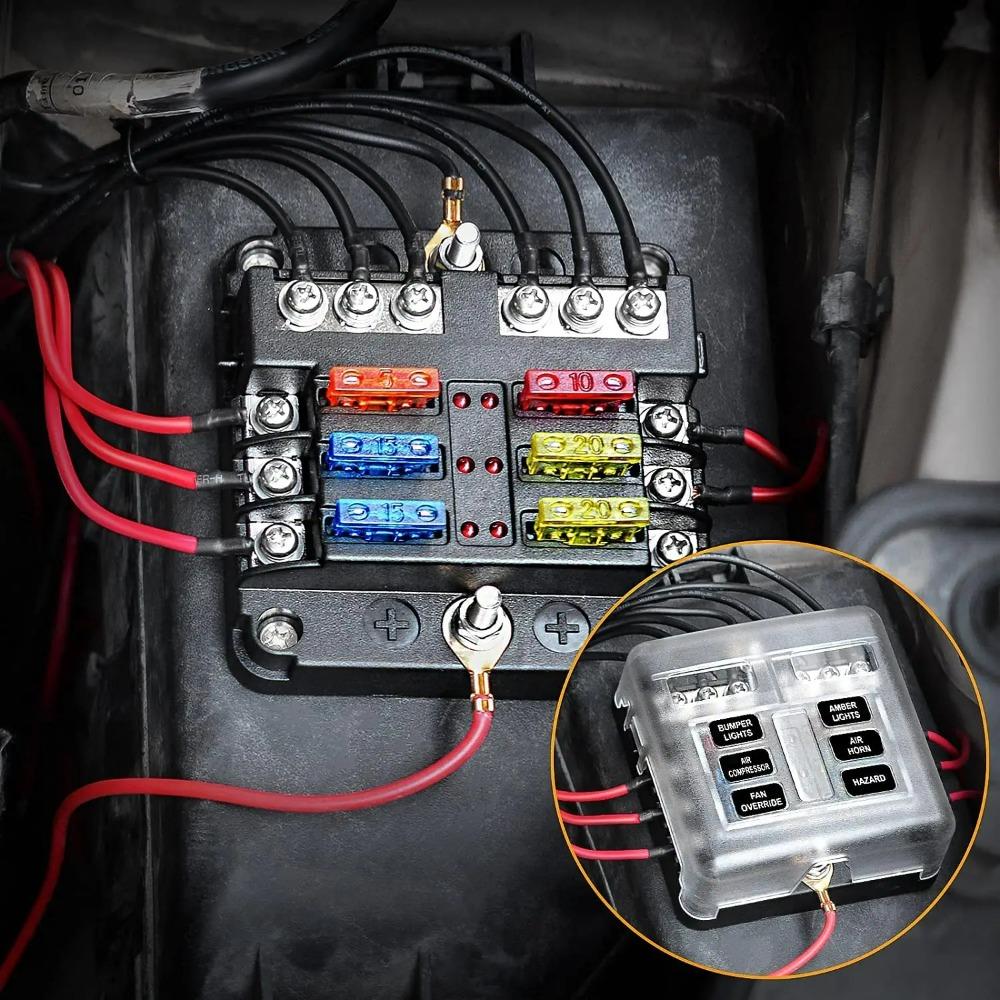 12V 6-Way Blade Fuse Block with LED Indicator Waterproof Protection Cover and Label Sticker for Automotive Car Truck Trailer