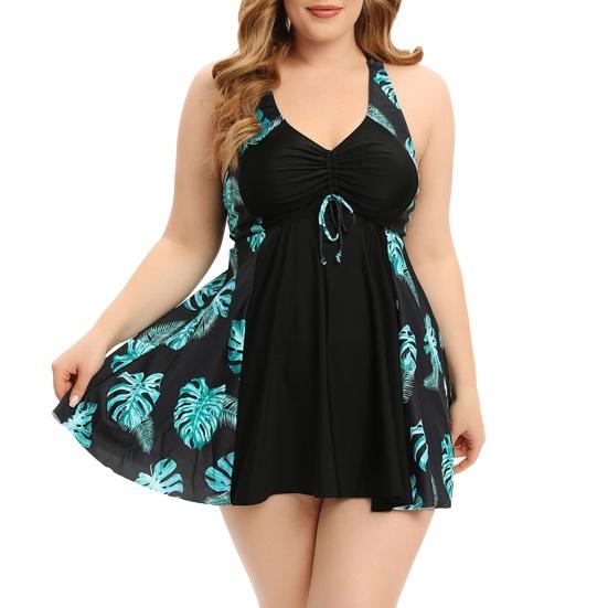 2Pcs/Set Plus Size Swimsuit Set V-Neck Halter Flowy Hem Tops Boxer Trunks Set