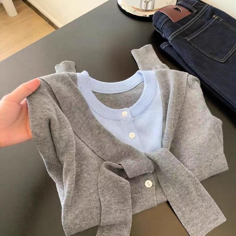 Contrasting Color Fake Two-piece Long-sleeved Knitted Sweater Women's Thin New High-end Top, Early Autumn Atmosphere Wear
