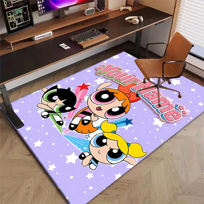 Powerpuff Design Area Rug Personalized Name- Non-Slip, Soft & Cozy Floor Mat for Living Room, Office - Indoor/Outdoor Carpet