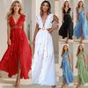 Women's Fashion Sexy Slim Backless Bohemian Holiday V-Neck Ruffle Slit Solid Colour Dresses