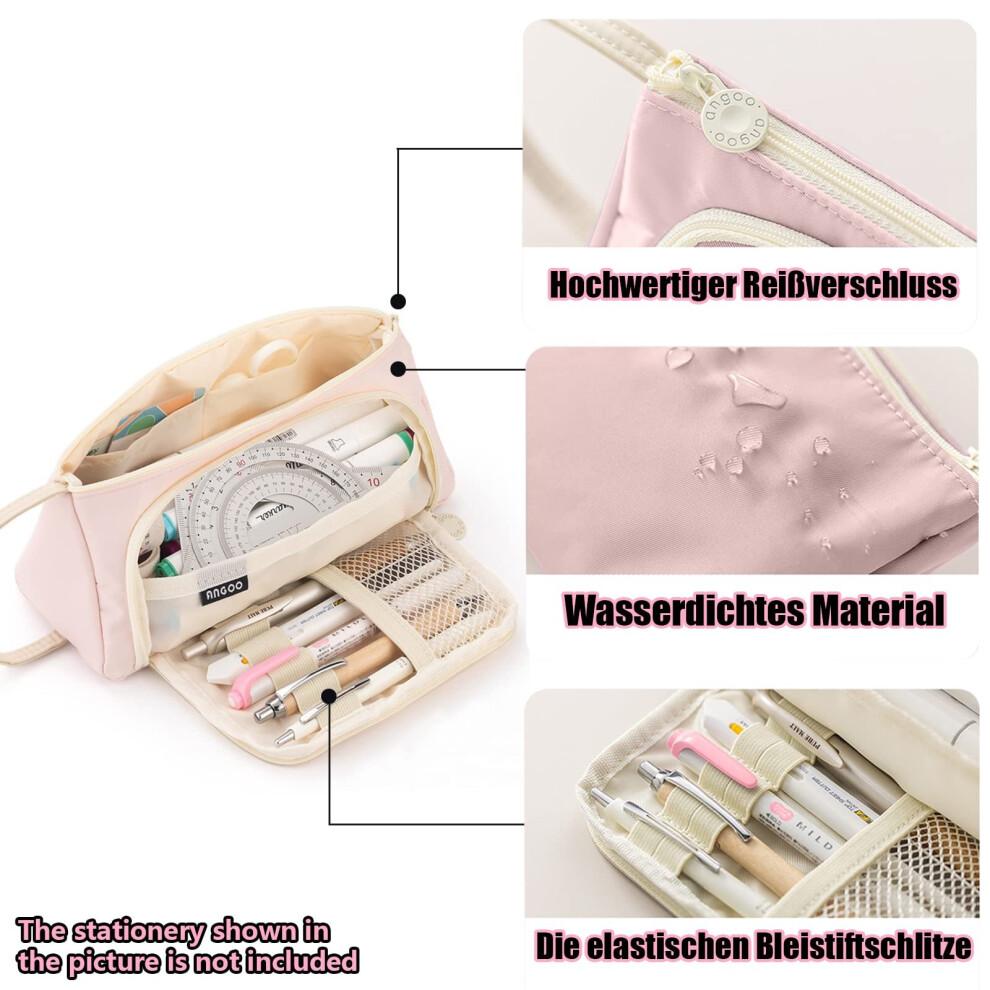 Durable Large Capacity Pencil Case, Pencil Case with Multifunctional Compartments, Pens Case Bag for Student Stationery Girls (Cream-Pink)