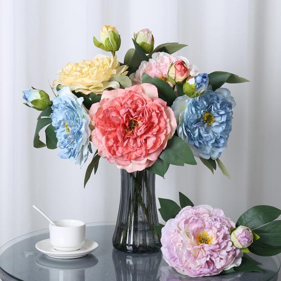 Искусственный пион с зелеными листьями 2 головки реалистичный поддельный шелковый цветок