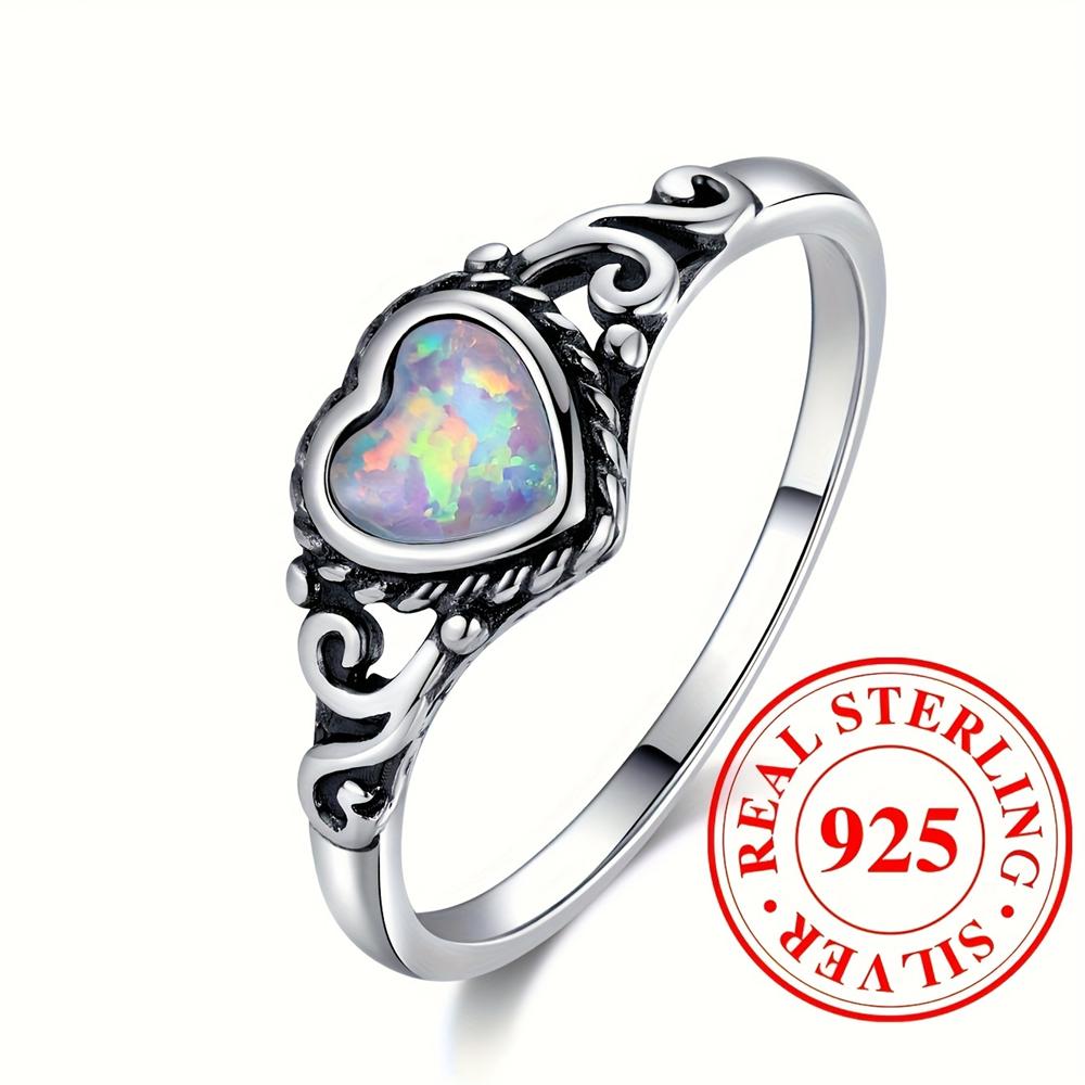 S925 Sterling Silver Heart-shaped Blue Opal Ring for Women Simple Wedding Engagement Jewellery Gift