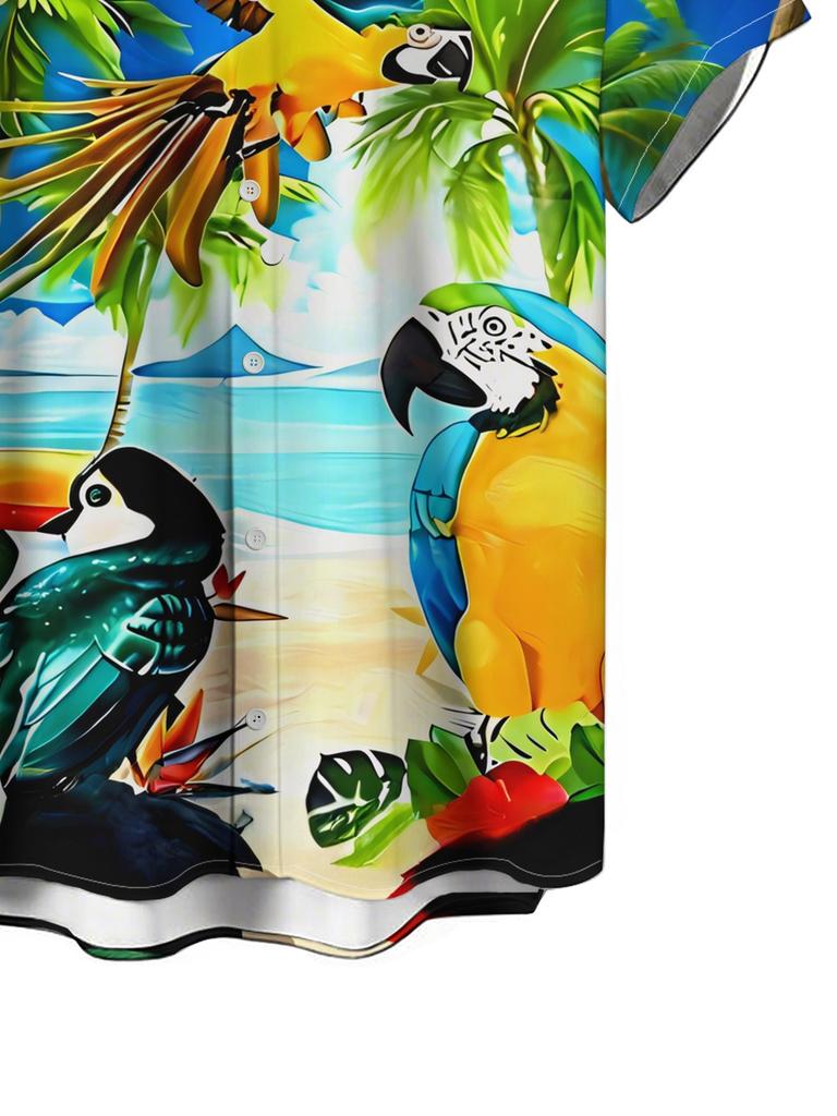 Men's Hawaiian Shirt with Colorful Parrots Playing Under Palm Trees Beach Print Casual Button-Up Short Sleeve Top
