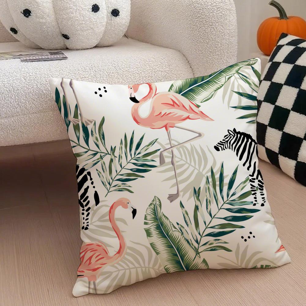 Forest Flamingo Palm Leaves Plant Pattern Art Cushion Cover Throw Pillow Cover Hidden Button Durable Polyester Chair Cushion