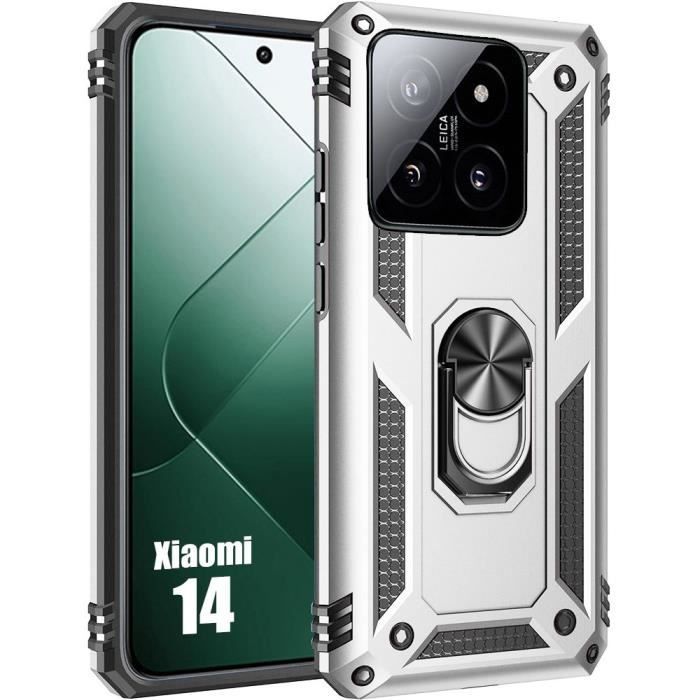 Coque pour Xiaomi 14 - Rigide - Argenté - Antichoc - Support pivotant 360° - Protection caméra