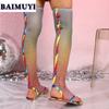Радужные сандалии на плоской подошве женские кристальные роскошные крутые сапоги дизайнерские сетчатые высокие сапоги 2024 года тапочки с застежкой-молнией шлепанцы