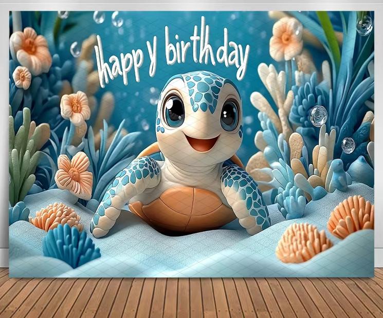 Cute Turtle Theme Birthday Banner Photography Background Blue Decorative Baby Shower Photo Studio Portrait Shooting Background