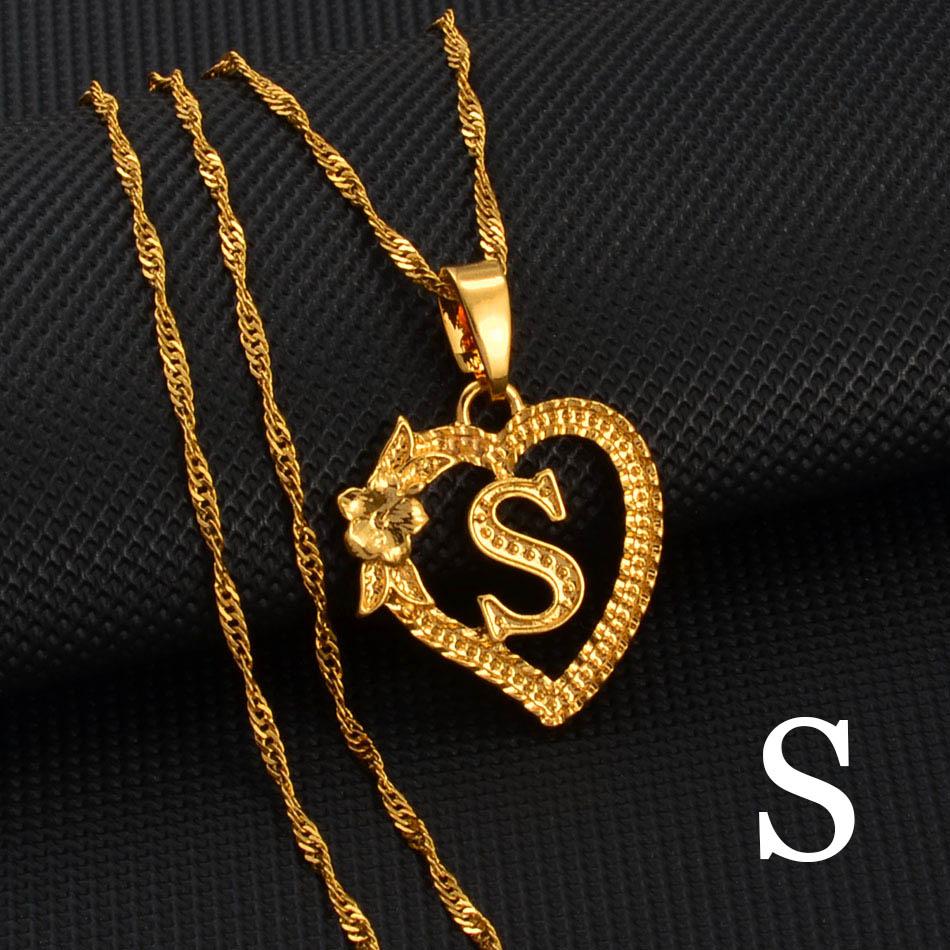 Anniyo 1Piece / A-Z Heart Letters Pendant Necklaces For Women Girls Charm Flower Initial Jewelry Alphabet Chains African #232706