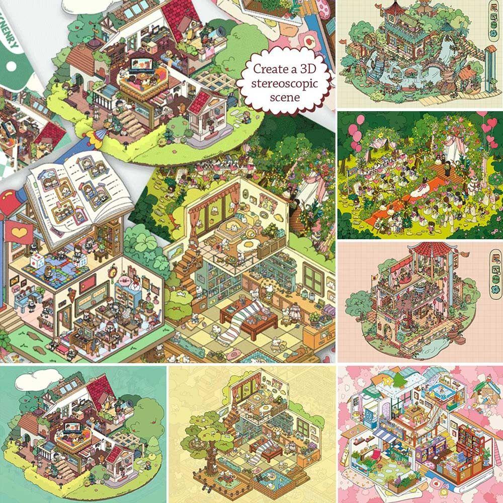 ПЭТ Трехмерная наклейка Визуальная укладка Миниатюрная наклейка со сценой Дети