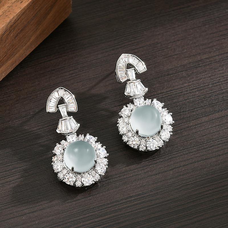 S925 Silver Needle Premium Ice Clear Full Egg Surface Round Pendant Earrings Temperament Design Banquet Versatile Earrings