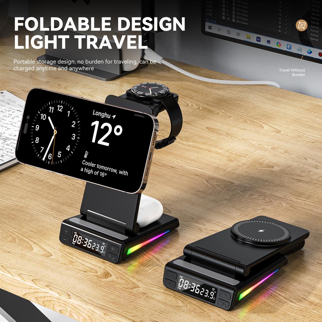 Travel Gadget Portable RGB Streaming Light Foldable With Clock Temperature Display 5 In1 Wireless Charger for iphone for Samsung