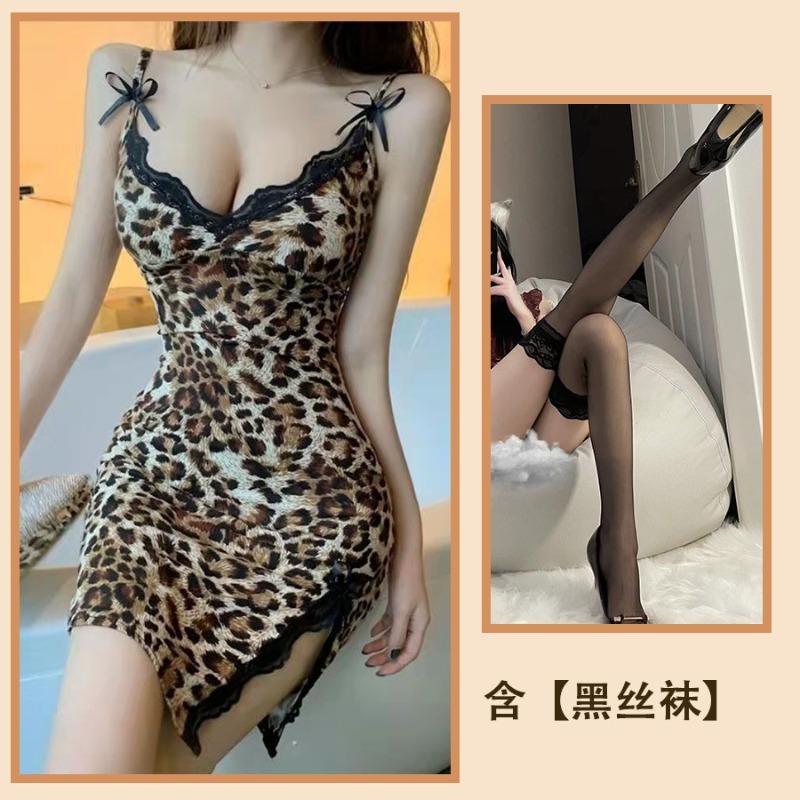 Sexy Lace Leopard Print V-neck Thin Ice Silk Slim Suspender Nightdress Temperament Lace Dress