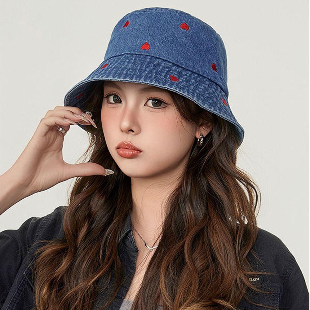 Love Heart Embroidery Denim Fisherman Hat Versatile Sun Protection Hat Fashion Bucket Hat Women