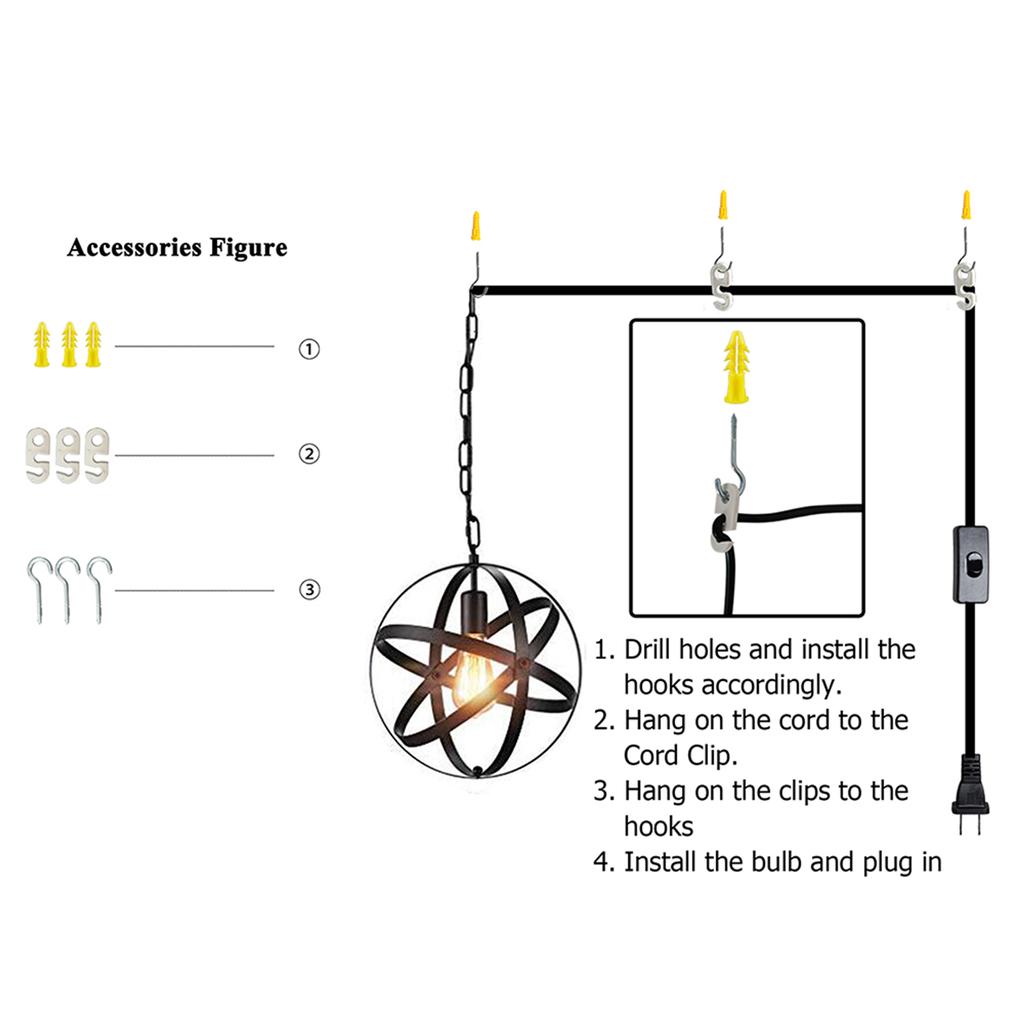 Industrial Plug-in Globe Pendant Light E26 Base Vintage Spherical Hanging Lights Lantern 14.76ft