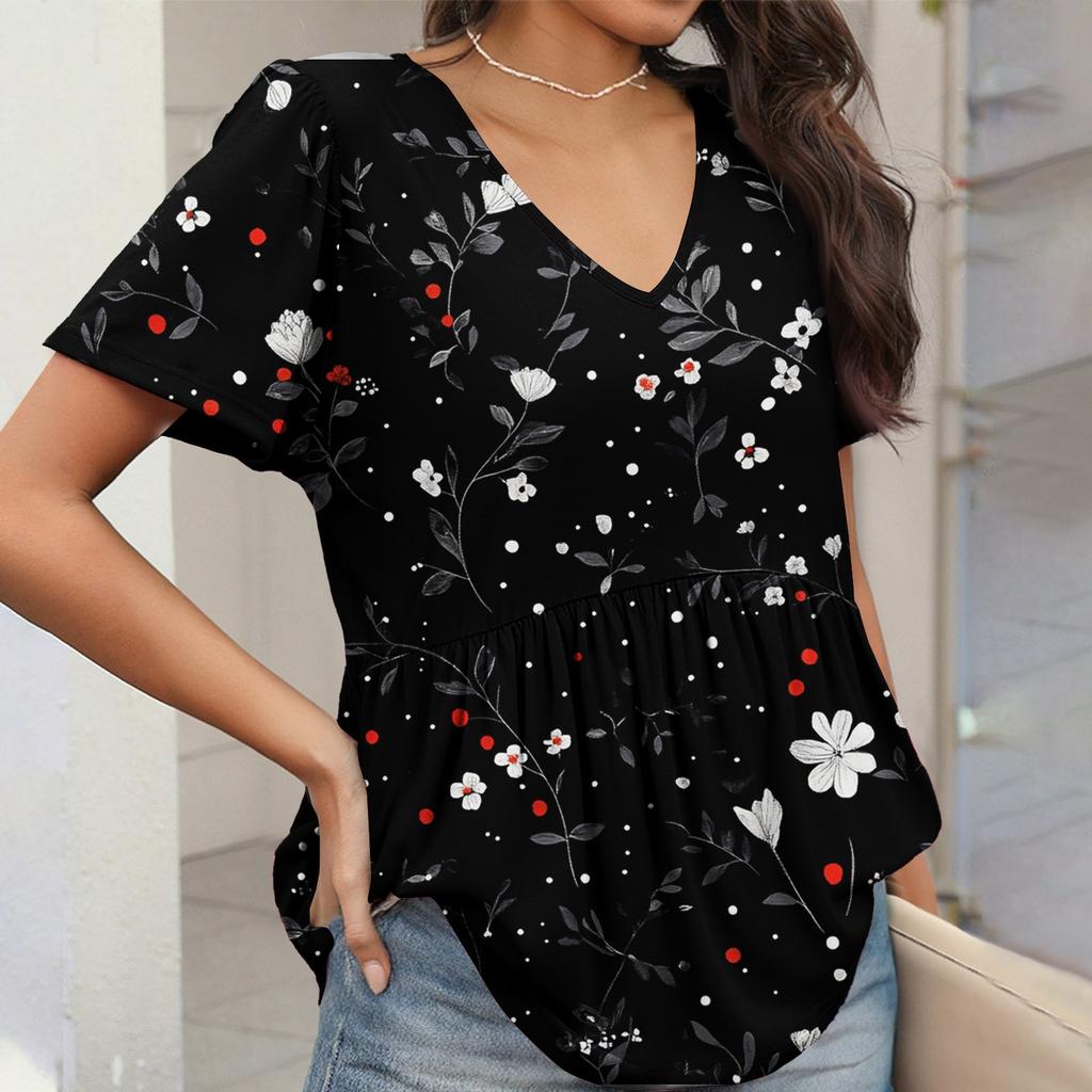 Women's Loose Casual Print V-Neck Short Sleeved T-Shirt Top Short Sleeved T-Shirt Top