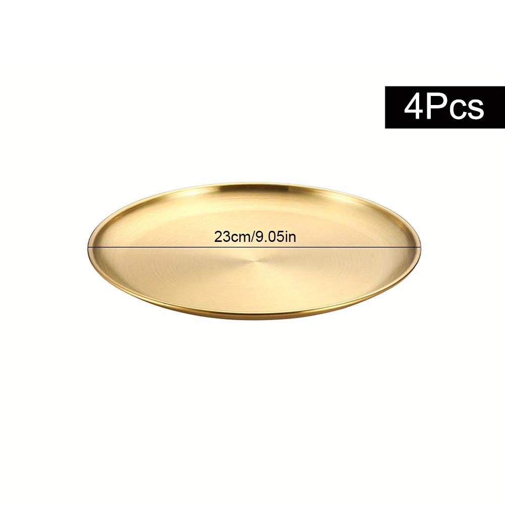4Pcs Stainless Steel Storage Tray Luxurious Brass Gold Round Plate Fruit Cake Steak Snack Kitchen Metal Storage Tableware Dish
