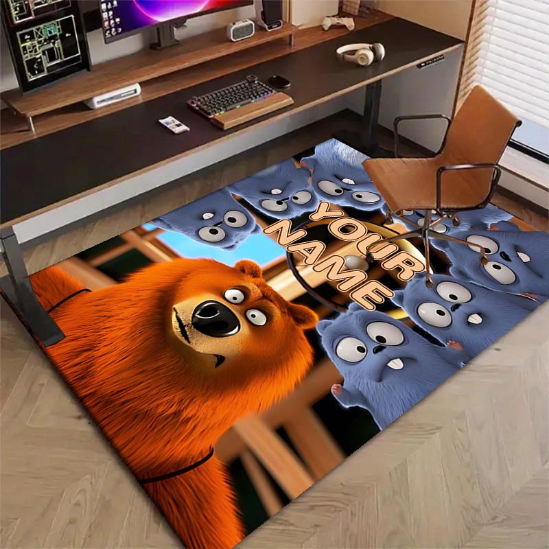 Custom Grizzy Bear Mat Personalized Name, Polyester Washable Indoor Entryway Rug, Gift for Christmas, Easter, Thanksgiving Day