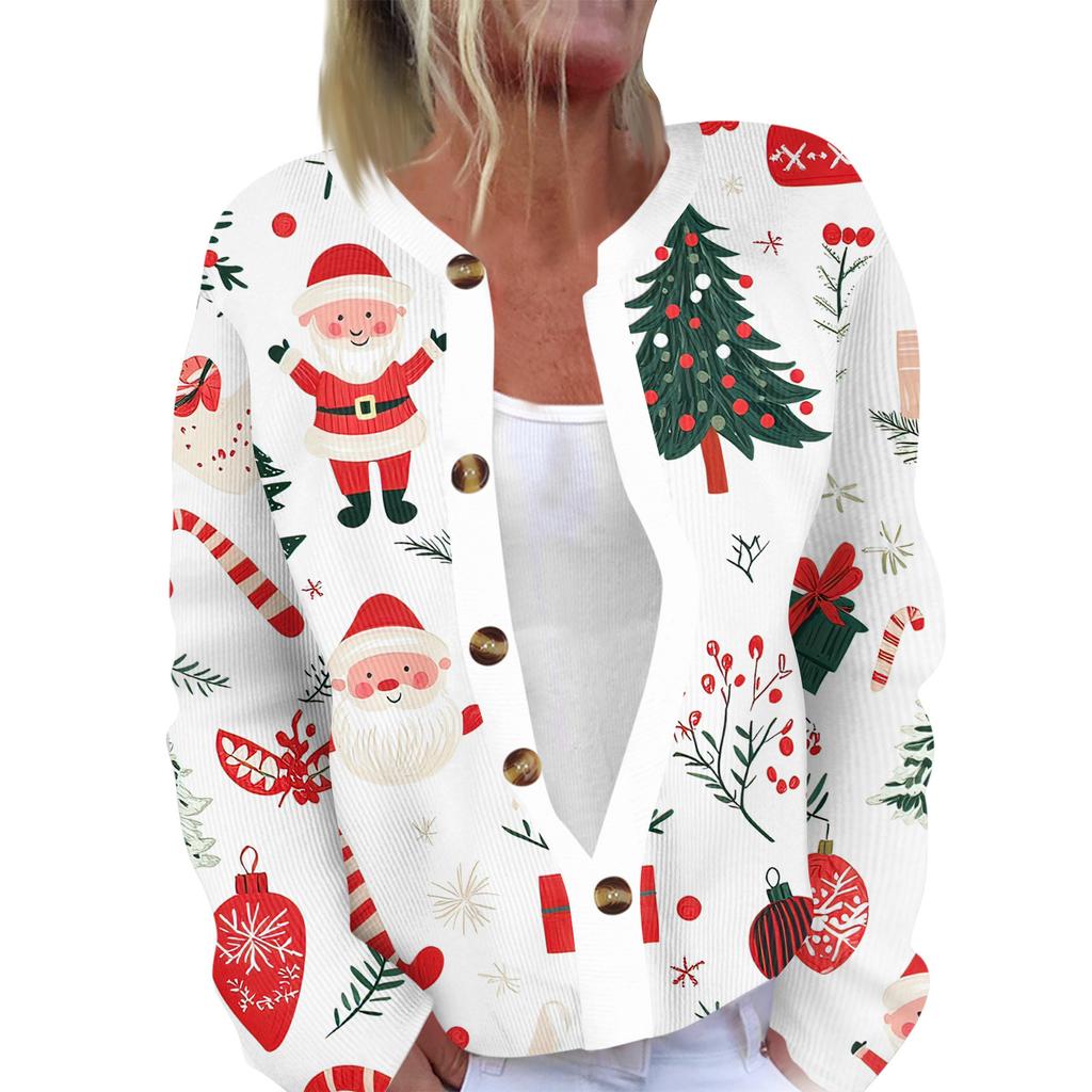 Women's Fashion Long Sleeve Christmas Snowman Snowflake Print Jacket Cardigan