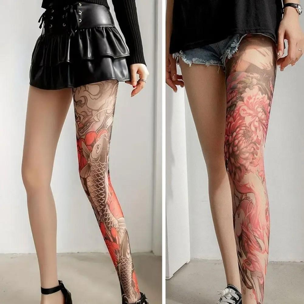 New Fake Tattoo Women's Sexy Printed Tights Perspective Leggings Peony Pantyhose Mesh High Pantyhose Summer