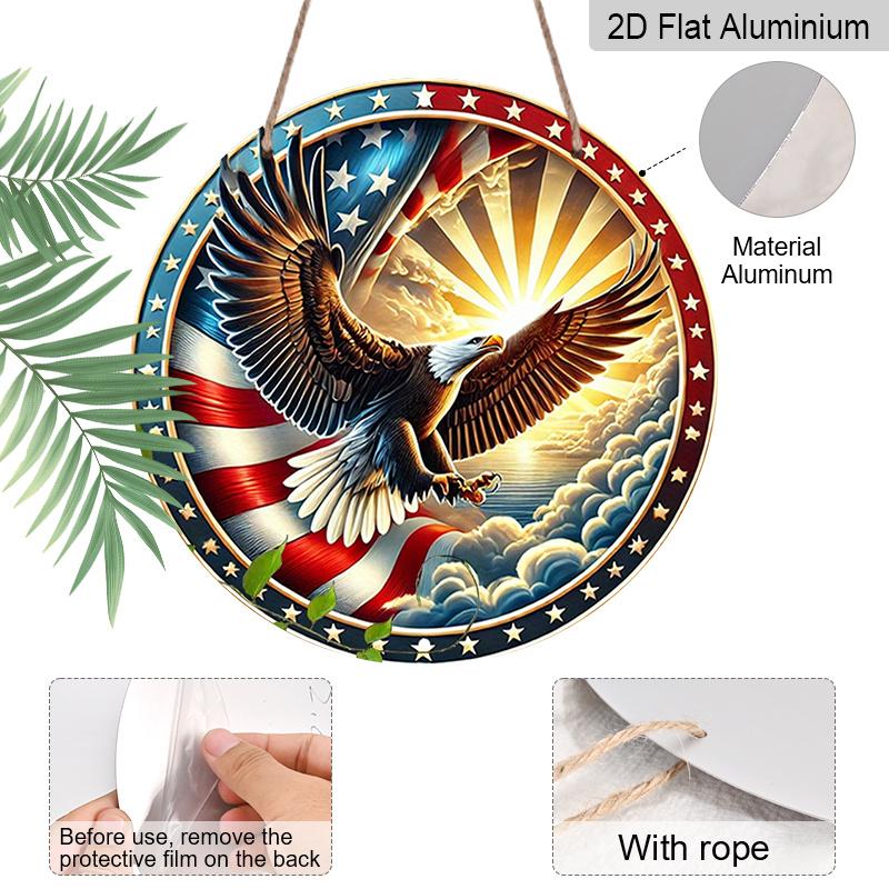 2D Flat 1pc American Flag Aluminum Metal Tin Sign, Freedom Spirit Round Aluminum Sign, Eagle Soaring 7.87X7.87 Round Aluminum Sign - Patriotic Pride