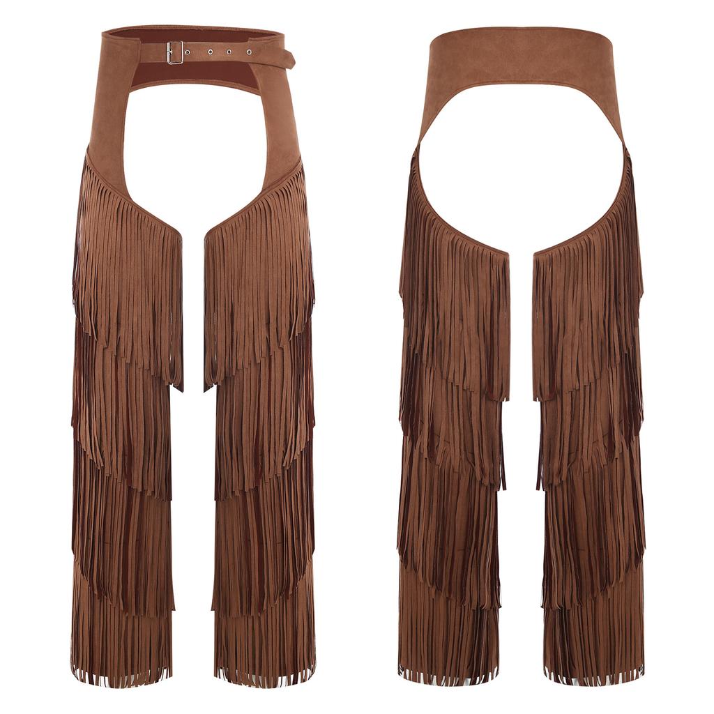 Adjustable Buckles Western Pants S-3XL for Adults Men - Cowboy Open Crotch Buttless Style with Layered Fringe for Raves Christmas Parties