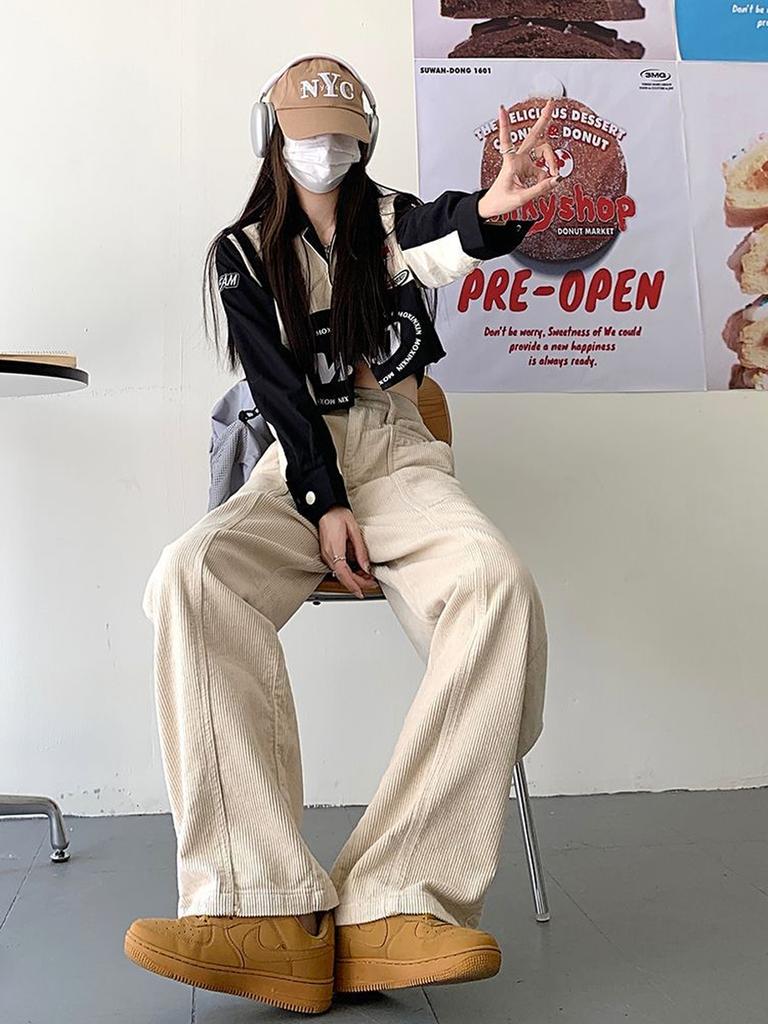 Вельветовые брюки в стиле ретро, ​​коричневые, осенне-зимние, широкие брюки-«ножи» для женщин, высокие, с высокой талией, длинные леггинсы.