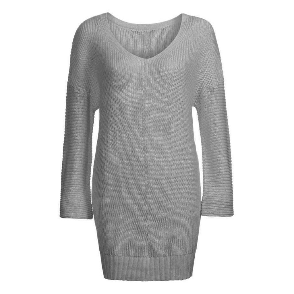 Fashion Women Casual Solid Long Sleeve Jumper V-Neck Lazy Loose Sweater Blouse