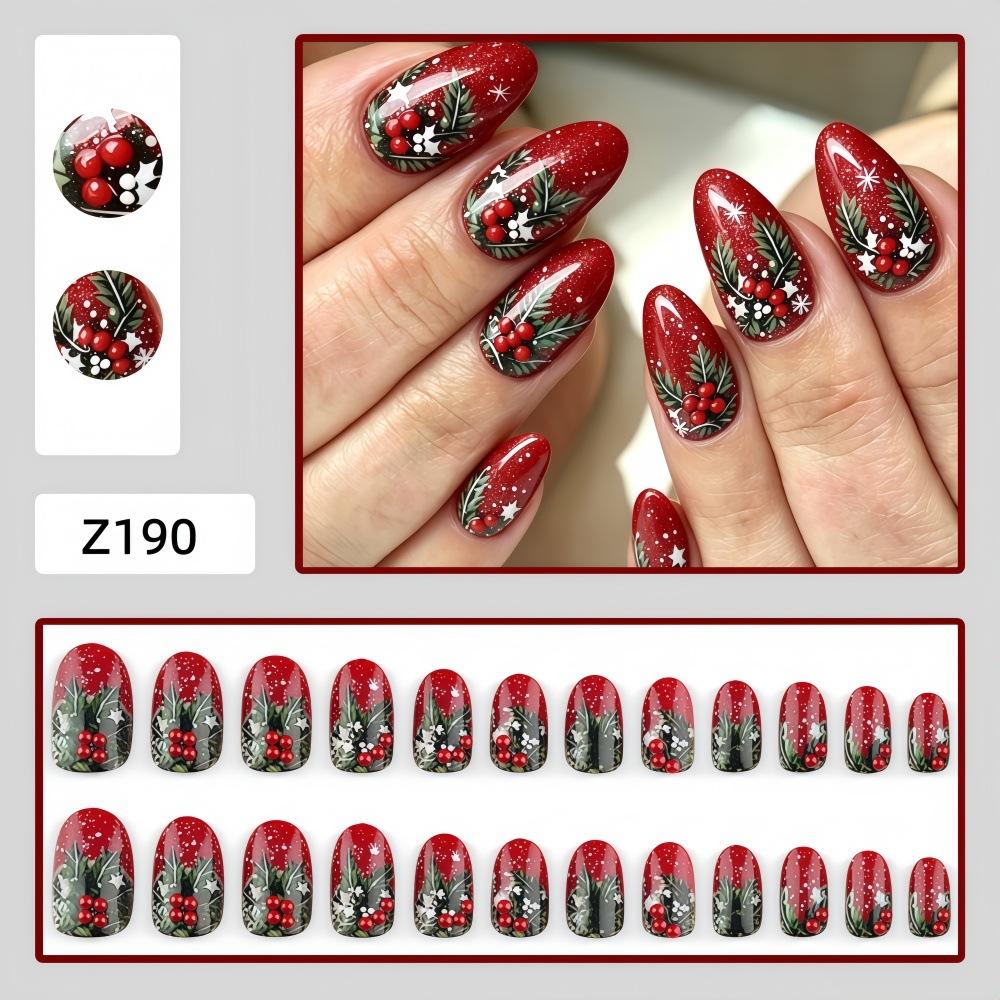 Wine Red Fine Glitter Oval Christmas Wear Nails Holly Red Fruit Snowflake Retro Forest Style Christmas Manicure Fake Nails